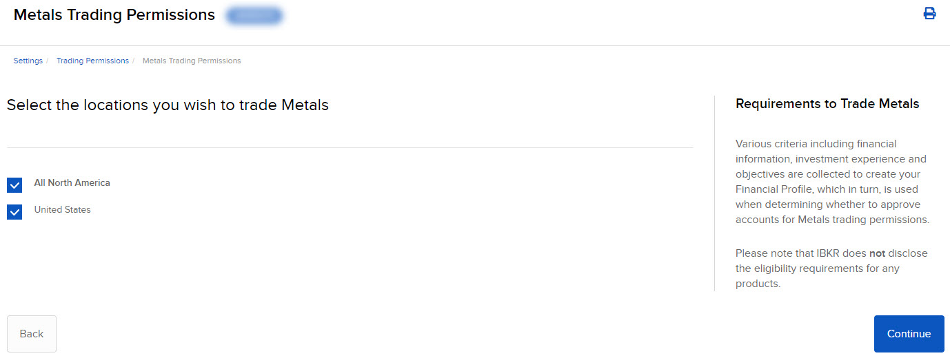 the metals trading persmission location panel in Portal. 